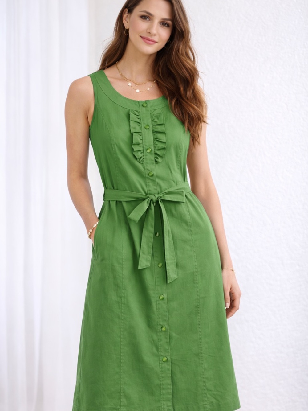 Talbots Green Button Front Dress Sz 12 Ruffle Sleeveless Belted Midi